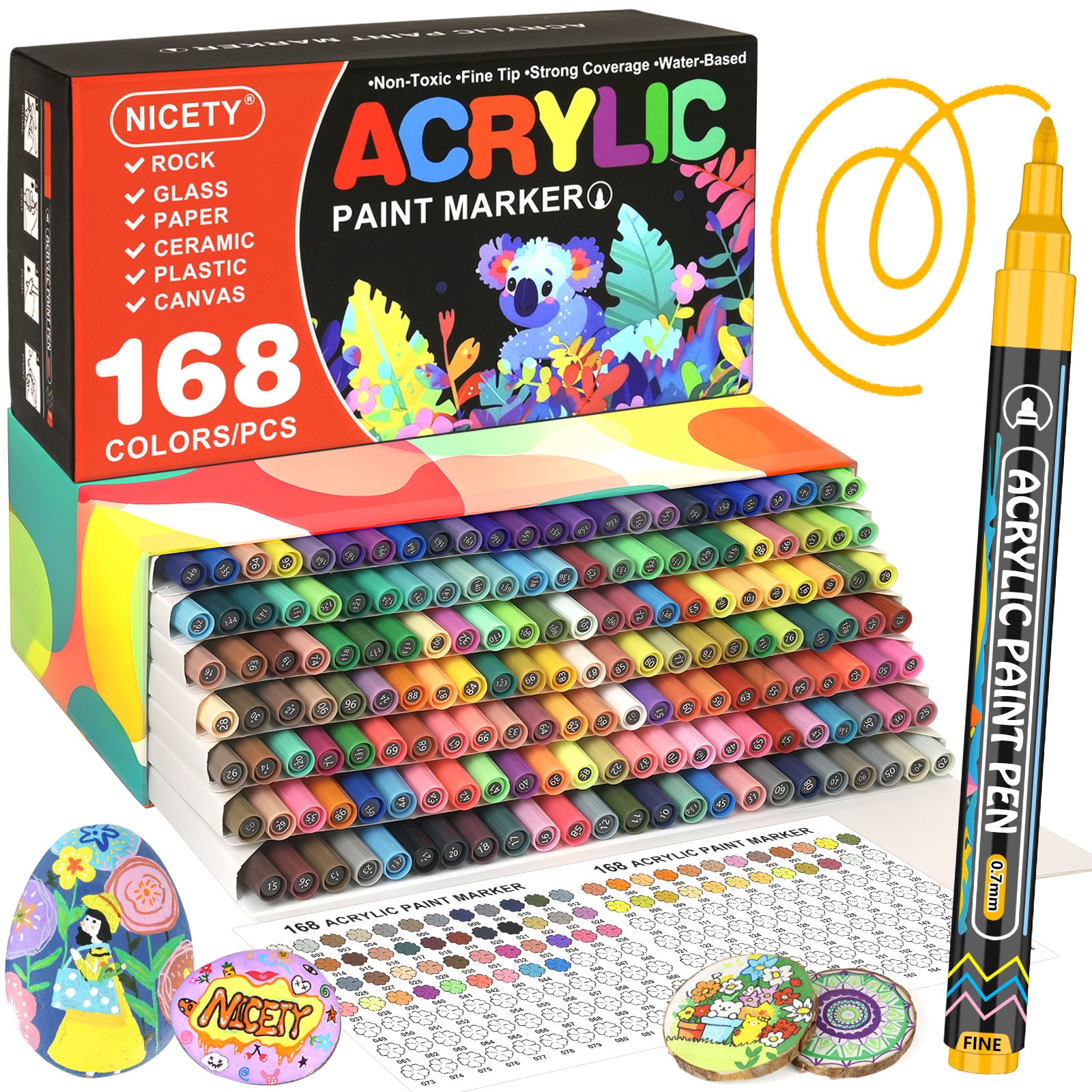 NICETY 168 Color Acrylic Markers - 0.7mm Fine Tip for Detail & Rock Art