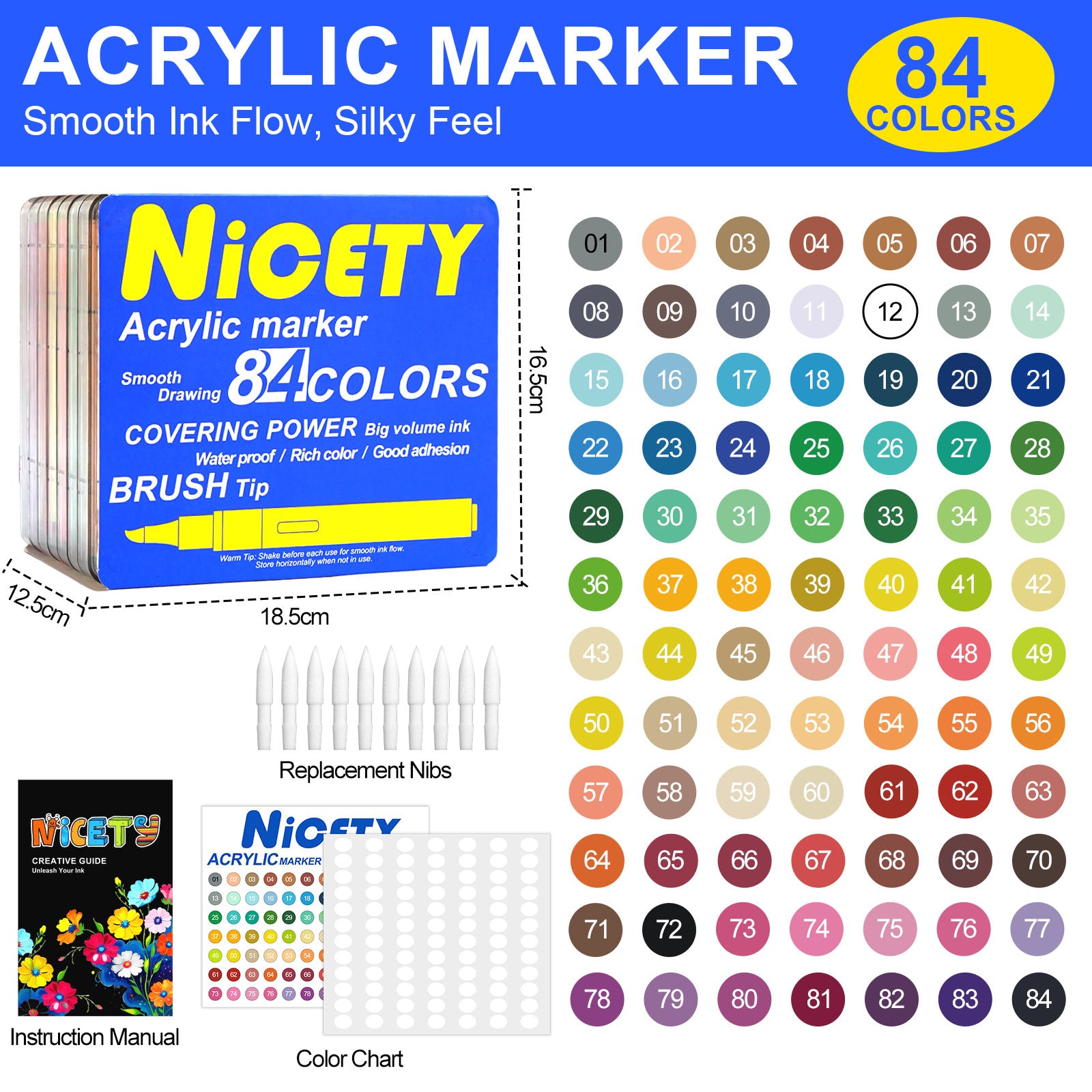 NICETY 84 Colors Acrylic Paint Markers – Premium Set with Soft Brush Tips